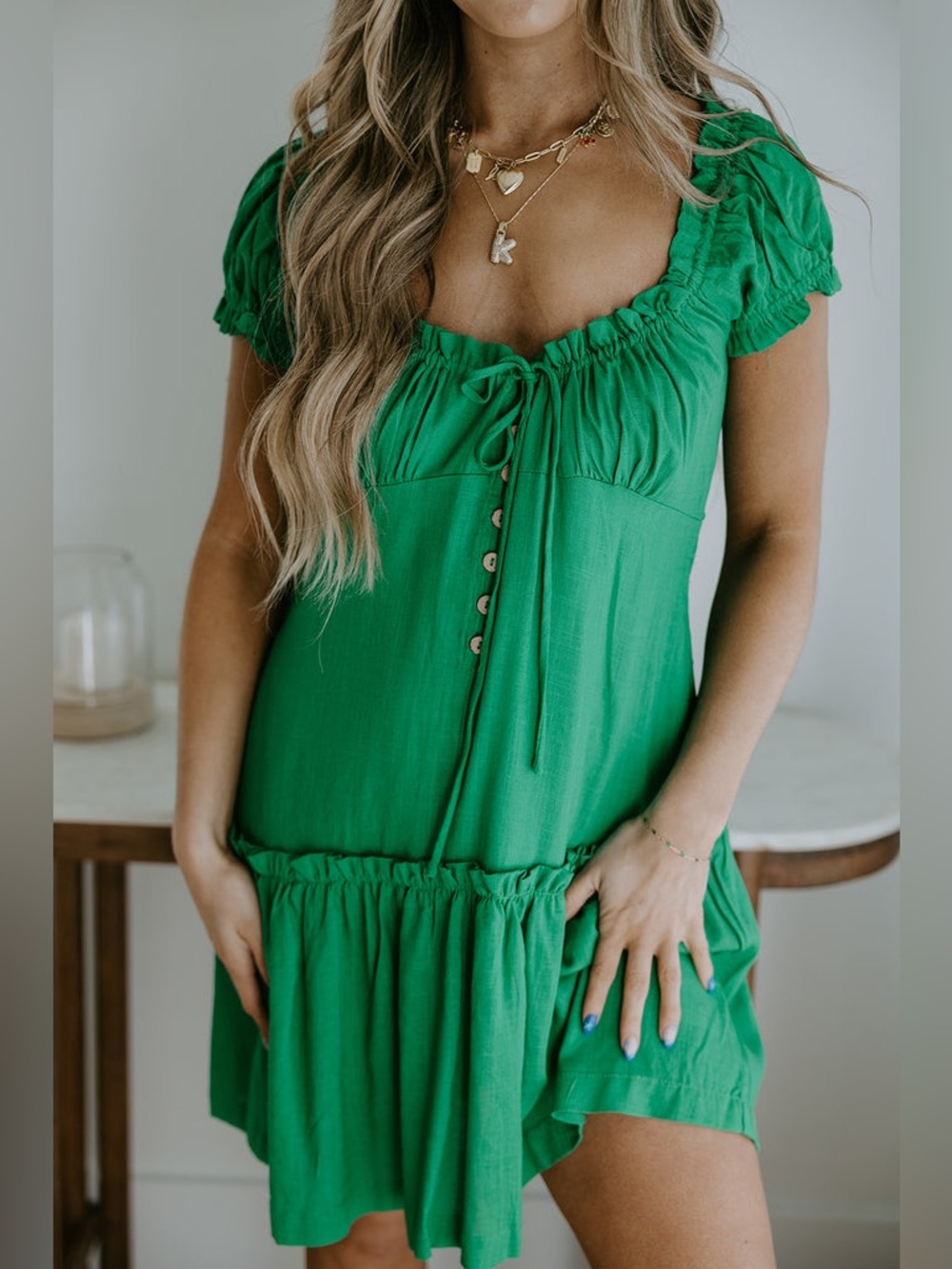 NEW Babydoll Linen Mini Dress Ruffle Short Sleeve Peasant Sweetheart Kelly Green